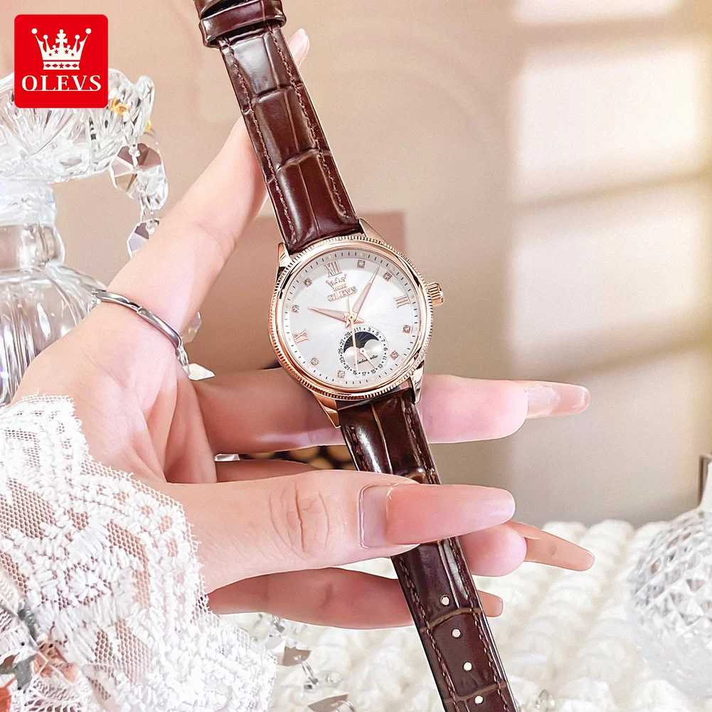 OLEVS-Montre mécanique automatique étanche pour femme, montre-bracelet Shoous Phase de lune, montres élégantes pour femme, mode originale 4