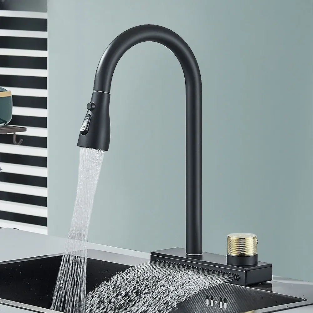 

Rainfall Kitchen Faucet Flexible Pull Out 3 Way Nozzle Gourmet Faucets Black Rain Waterfall Sink Mixer Tap Crane