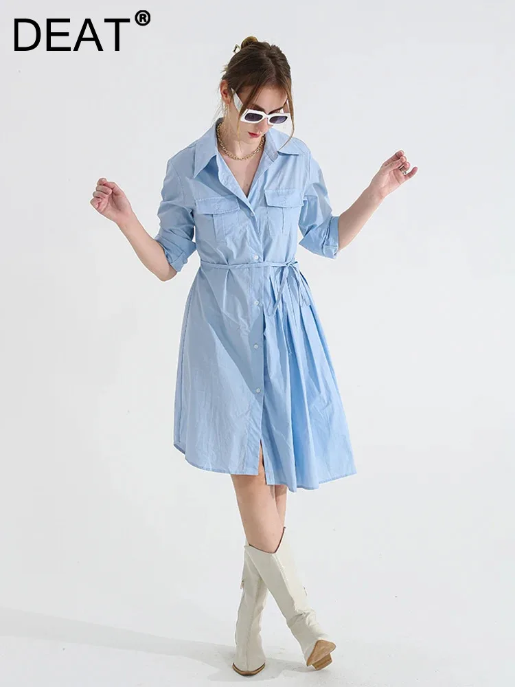 

DEAT Fashion Women's Shirt Dress Lapel Single Breasted Lace-up Full Sleeves Waist Pleats A-line Dresses Summer 2024 New CP1964