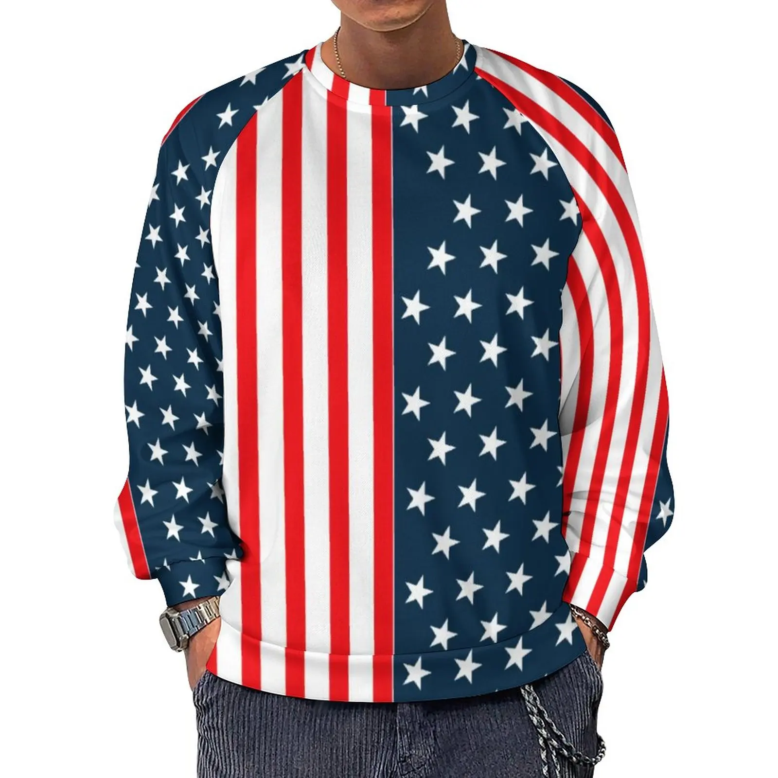 

Two Tone Striped Casual Sweatshirts American Flag Stars and Stripes O Neck Hoodies Winter Long Sleeve Loose Oversize Hoodie Gift