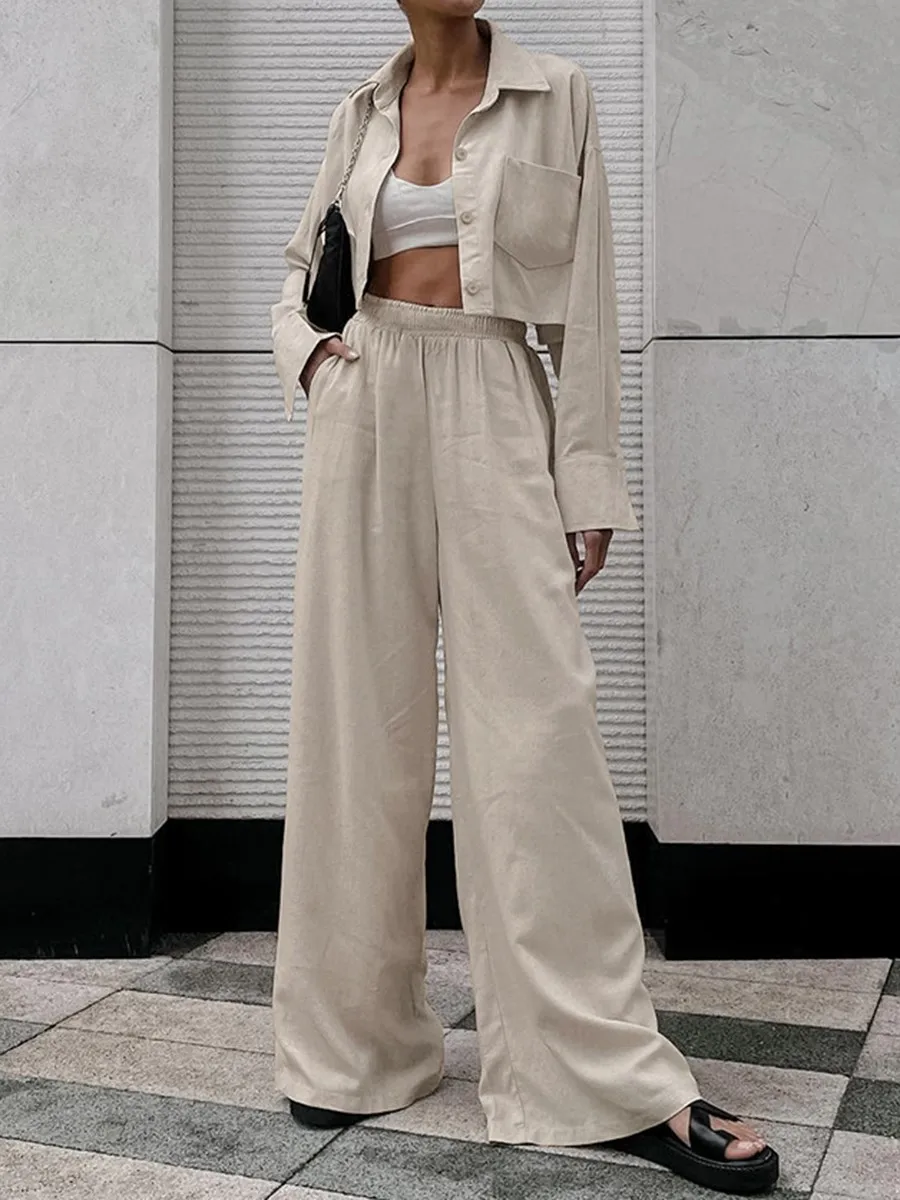 

Cropped Shirts Outfits For Women 2024 New Summer Long Sleeve Pocket Blouse+Wide Leg Trouser Suits Casual Simple Two-piece Sets