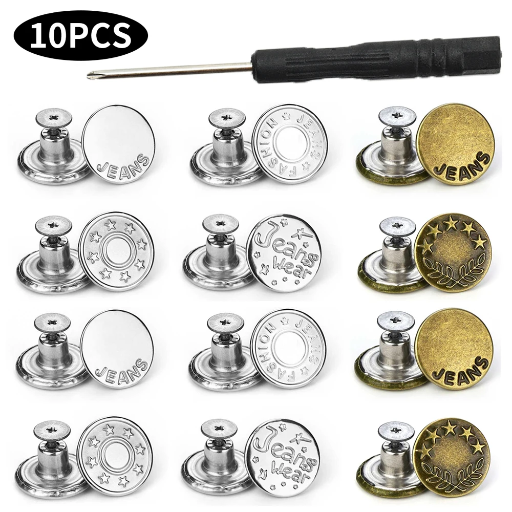 10Pcs Metal Jeans Button Replacement Detachable Pants Fastener Pins Adjustable Waist Button Sewing Buckles Screwing Repair Kits
10Pcs Metal Jeans Button Replacement Detachable Pants Fastener Pins Adjustable Waist Button Sewing Buckles Screwing Repair Kits