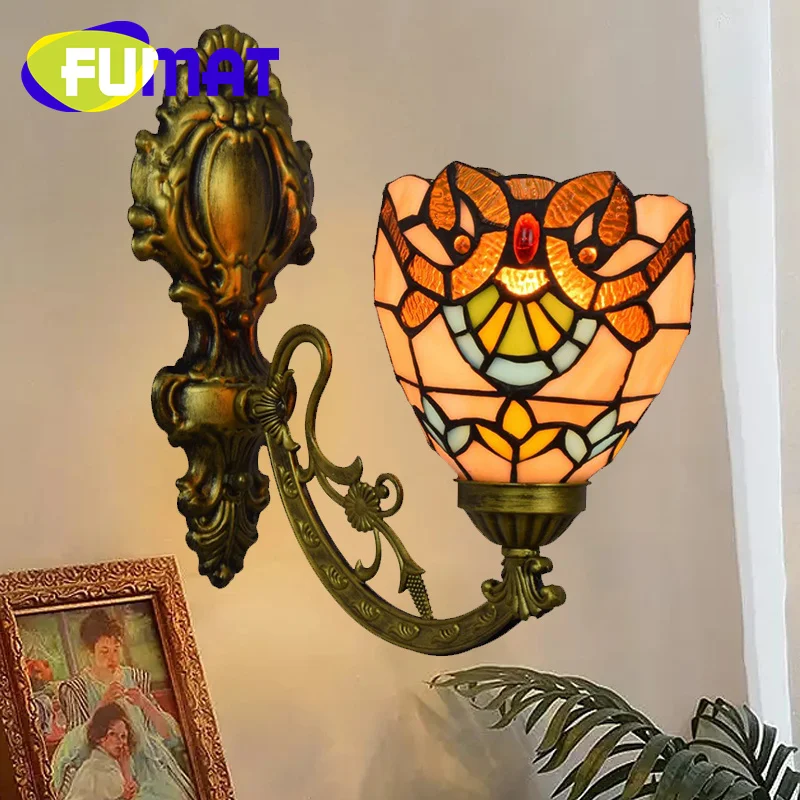 

FUMAT Tiffany style stained glass Baroque single head wall lamp Bar Restaurant Bedroom bedside corridor LED decor sconce light