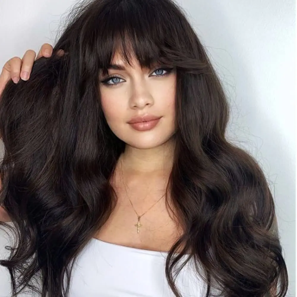 

Auburn Brown Wigs for Women Long Curly Wavy Wig with Bangs Brunette Black Brown Fiber Natural Looking Hair Wig for Daily Party