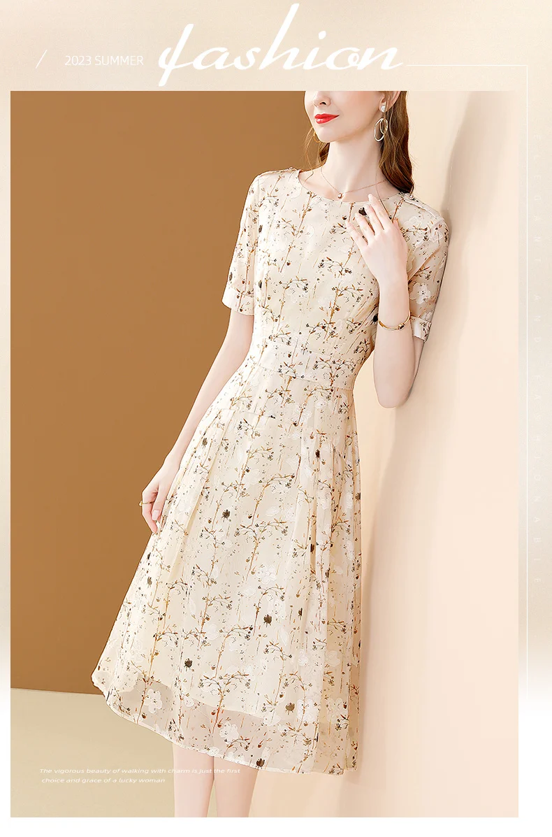 EVNISI Chic Floral Printing Women Chiffon Dress O-Neck Elegant Apricot Office A-LINE Dresses Fairy For Women Slim Party Vestido EVNISI Chic Floral Printing Women Chiffon Dress O-Neck Elegant Apricot Office A-LINE Dresses Fairy For Women Slim Party Vestido