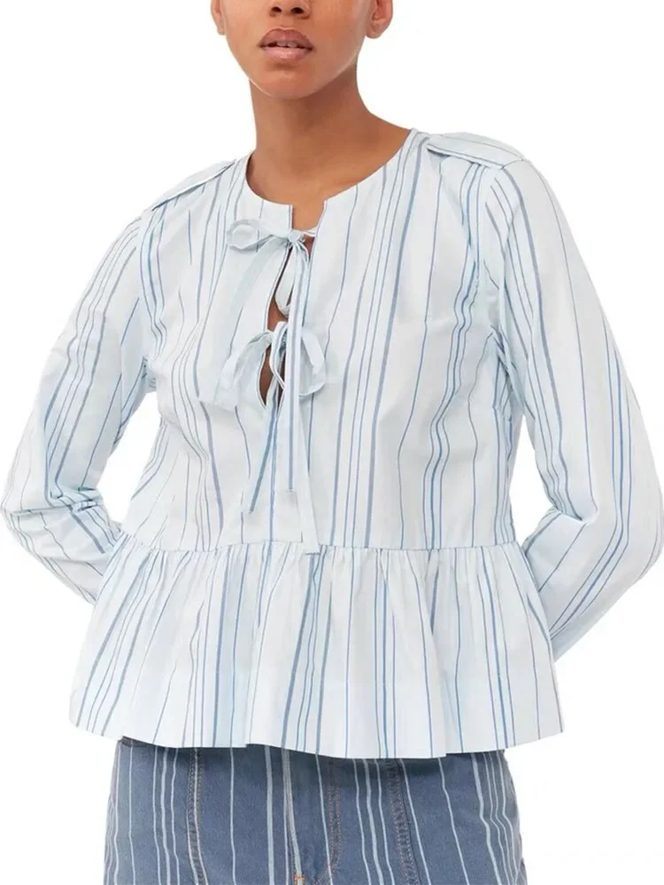 

Shirt for Ladies 2023 New Ruffles Hem Stripes or Solid Color O-Neck Lace-up Sweet Casual Long Sleeve Blouse