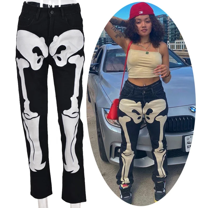 

Womens Baggy Jeans Hip Hop 90s Clothes Y2K Skeleton Pants Skull Print Trousers Halloween Costume Streetwear Outfits Denim Pants