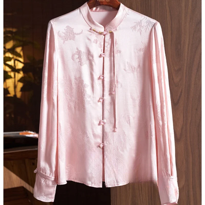 

YCMYUNYAN-Satin Shirts for Women, Silk Chinese Style Blouses, Loose Long Sleeves, Floral Tops, Fashion Clothing, Spring Summer