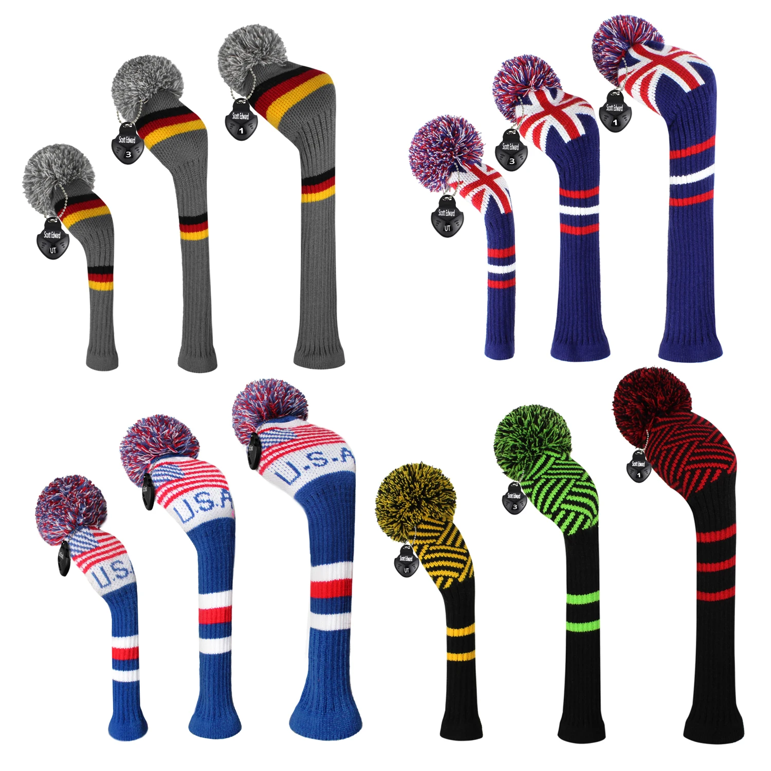 

Scott Edward Golf Headcovers,3pcs/set No.1 3 5 Personalized Knit Golf Covers,UK,US Pattern to Decorate Golf Bags,Wood Head Cover