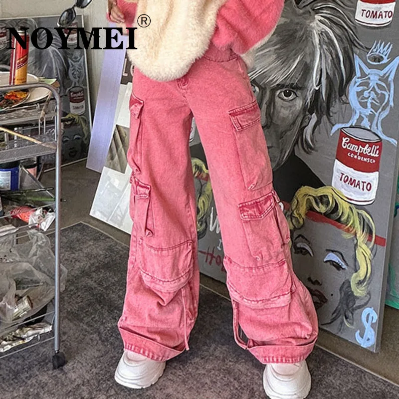

NOYMEI 2024 Autumn Winter Solid Color Multi Pocket Decoration Loose Men's Denim Pants Pink Cargo Jean High Street Chic WA3389