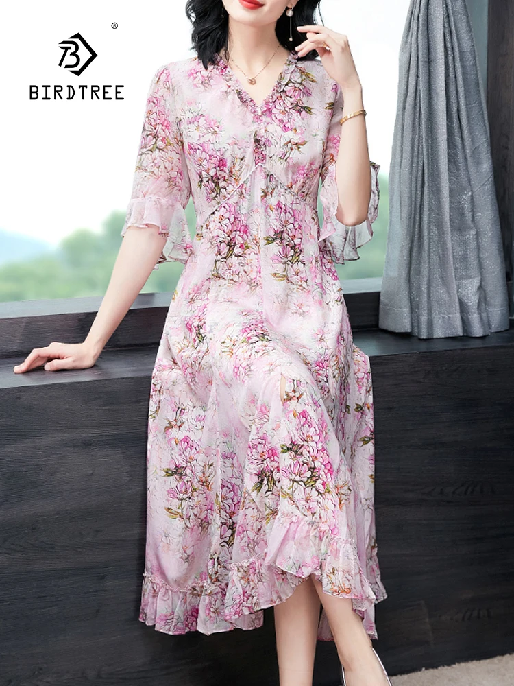 

BirdTree, 100%Real Silk Eleagnt Dresses, Women Half Sleeve Printed, Appear Thin Fashion Loose Mom Dress, 2024 Summer D44829QC