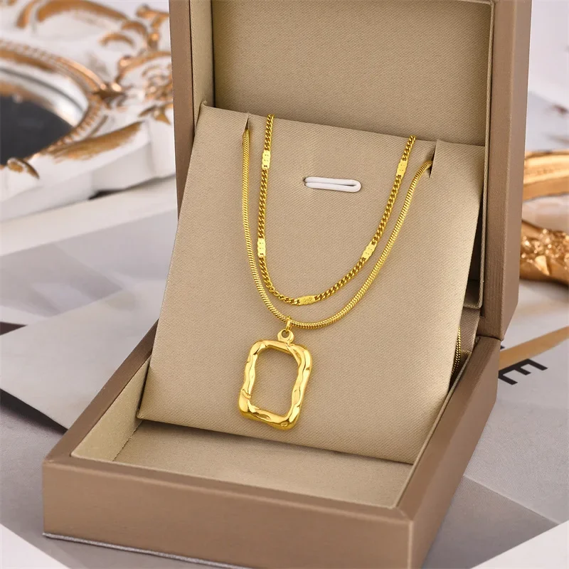 

Gold Color 316L Stainless Steel Titanium Square Geometry Pendant Multilayer Chain Necklace for Women Wedding Accessories