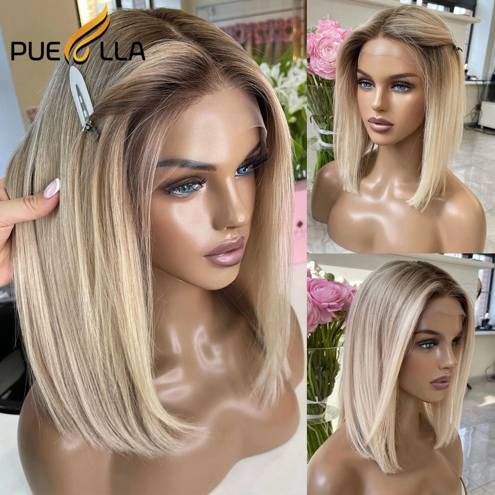 

Short Bob Ombre Ash Blonde Colored Lace Front Wig Brazilian Remy Human Hair HD Transparent 13x4 Lace Frontal Wigs Pixie Cut