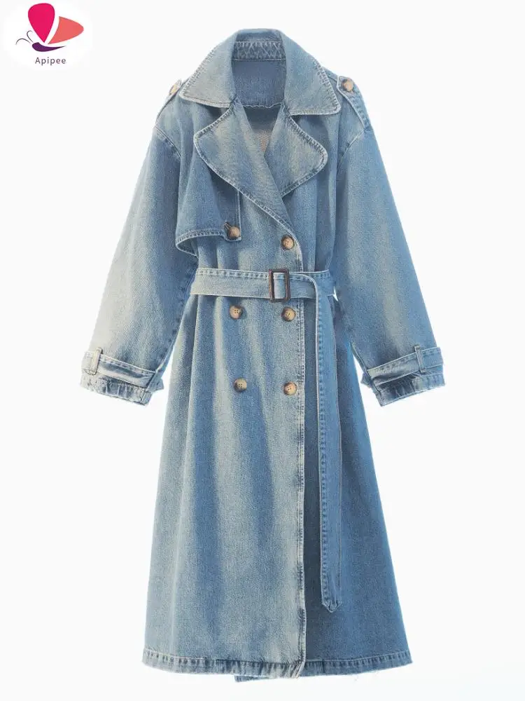 

APIPEE X-Long Denim Trench Coats For Women Belt On Waist Slim Jean Coats Ladies Jaqueta Feminina Blue Jean Jacket Woman