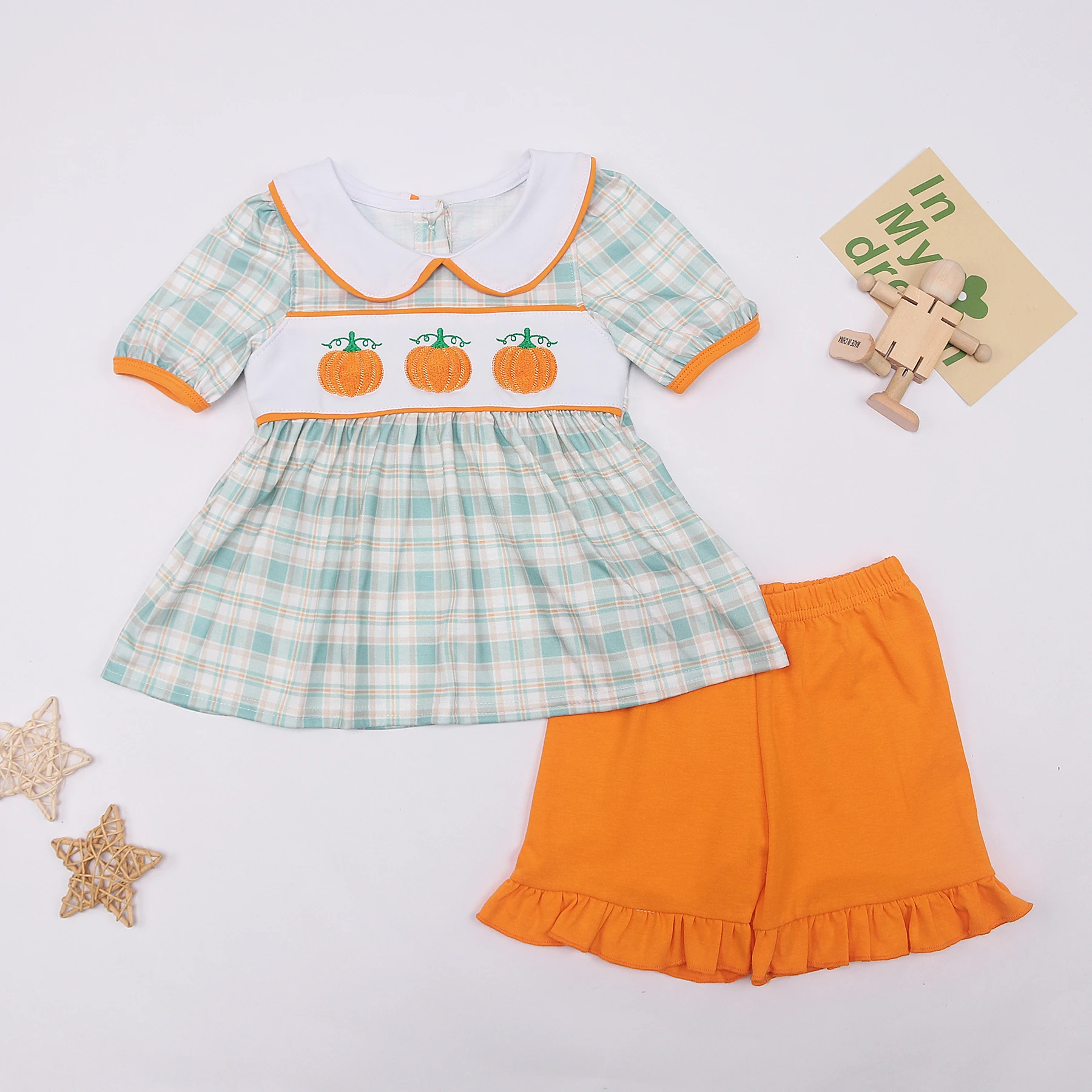 

Knit Baby Clothes Doll Neck Embroidered Plaid Pumpkin Top Halloween Costume Girl Orange Lace Shorts Baby Boutique Clothing