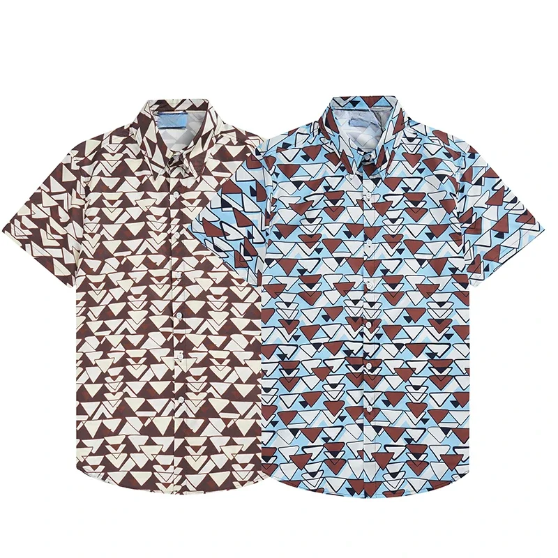 

2024 Summer New Short-sleeved Shirts for Men Retro triangle all-over graphic print Pattern Shirts Hawaiian Beach Shirts