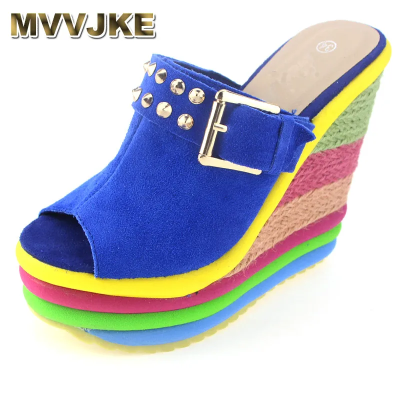 

MVVJKE Sandalias Plataforma Summer Shoes Woman Bohemia Rainbow High Heel Slip On Peep Toe Platform Wedges Sandals Womens