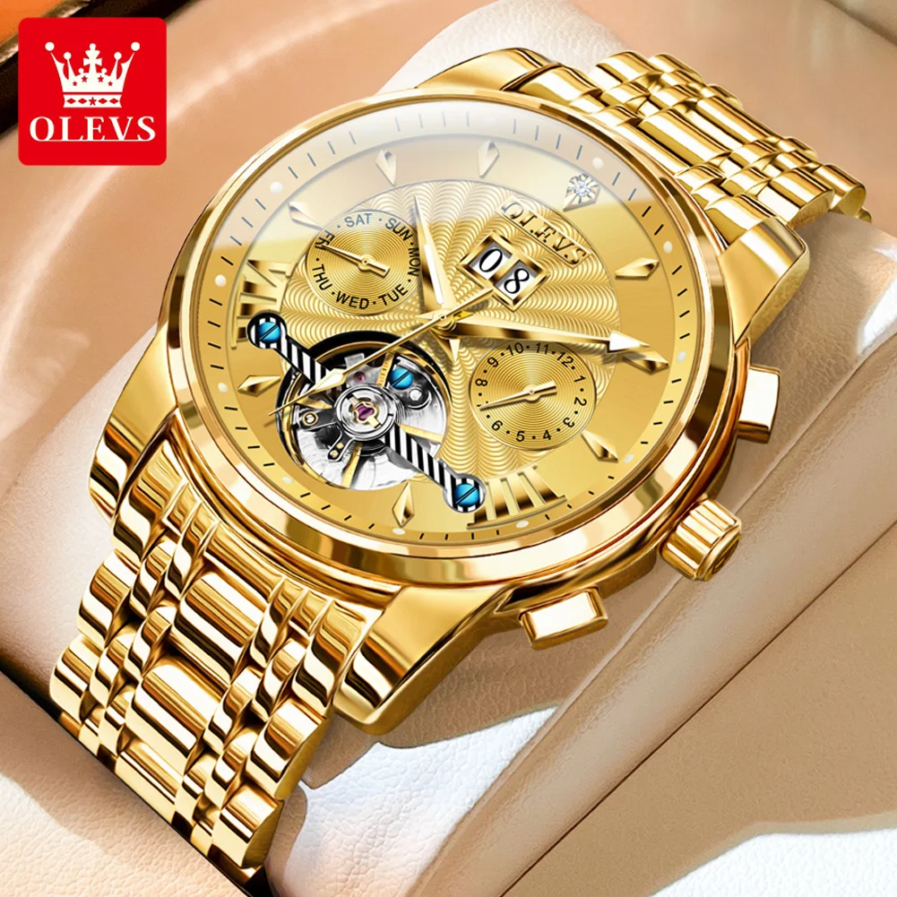 

OLEVS Luxury Brand Original Men's Watches Gold Stainless Steel Strap Fully Automatic Mechanical Watch Skeleton Male Wristwatch
