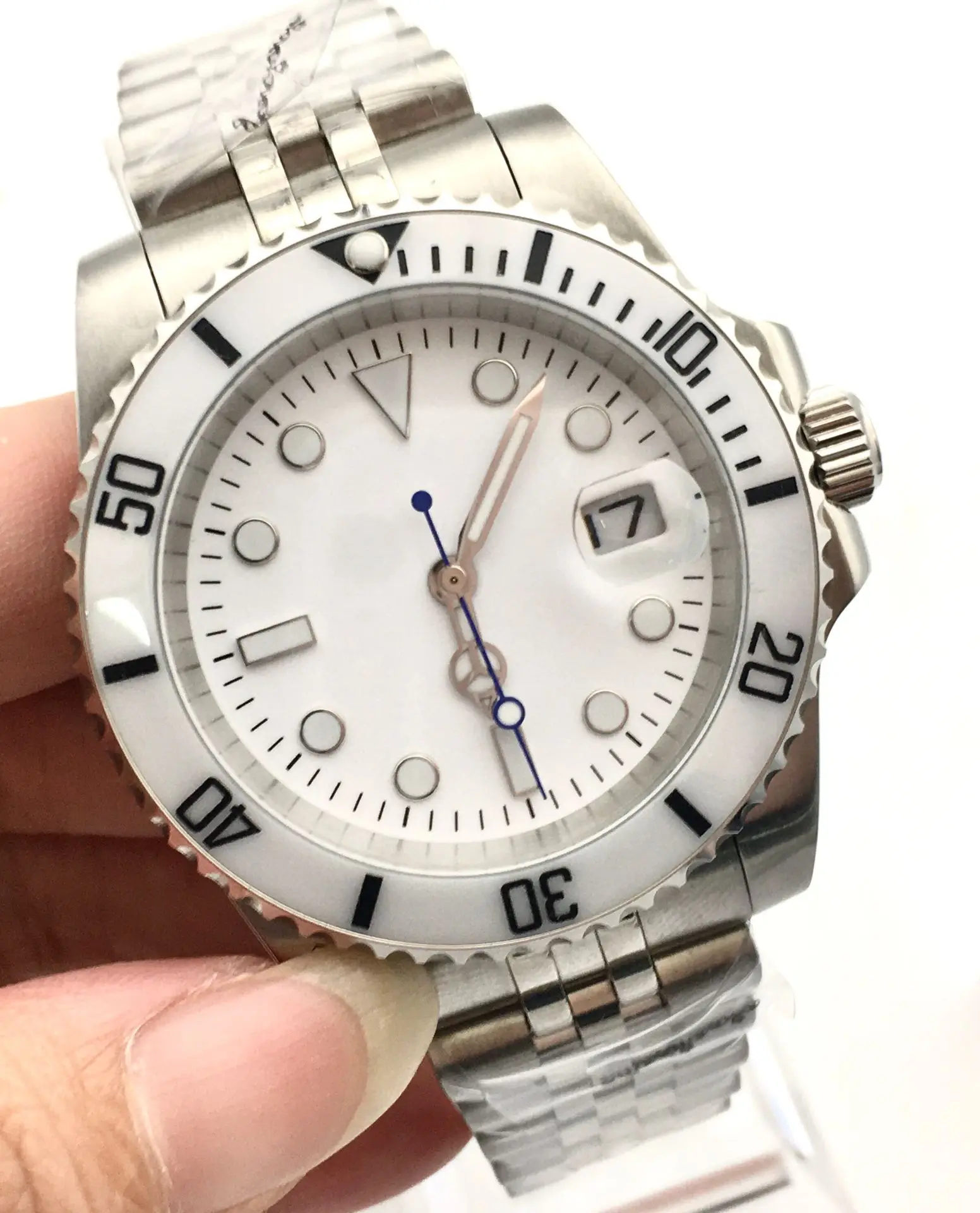 

40MM white dial date luminous automatic watch men's watch ceramic bezel mechanical clock stainless steel watchband 2813 movement