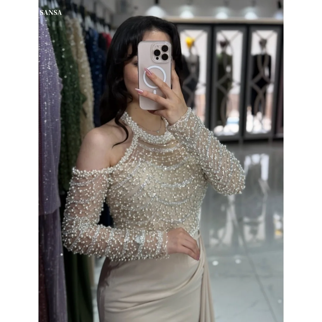 Sansa Customized Beaded Halter Neck Prom Dresses Long Sleeves فساتين للمناسبات الخاصة Pearls vestidos de fe 8 S8d3e0ac1a4014d0e98c12ca274835b4c3