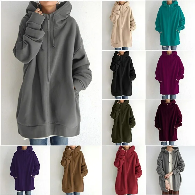 

Fall/Winter New Personality Street Sweatshirt Zippered Hooded Long Plush Sweatshirt for Women