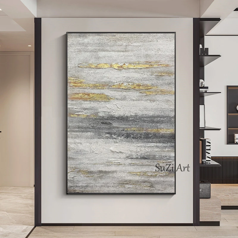 

Hand Painted Abstract Golden Black White Oil Painting On Canvas 3D Picture For Living Room Home Decoration Restaurant Frameless