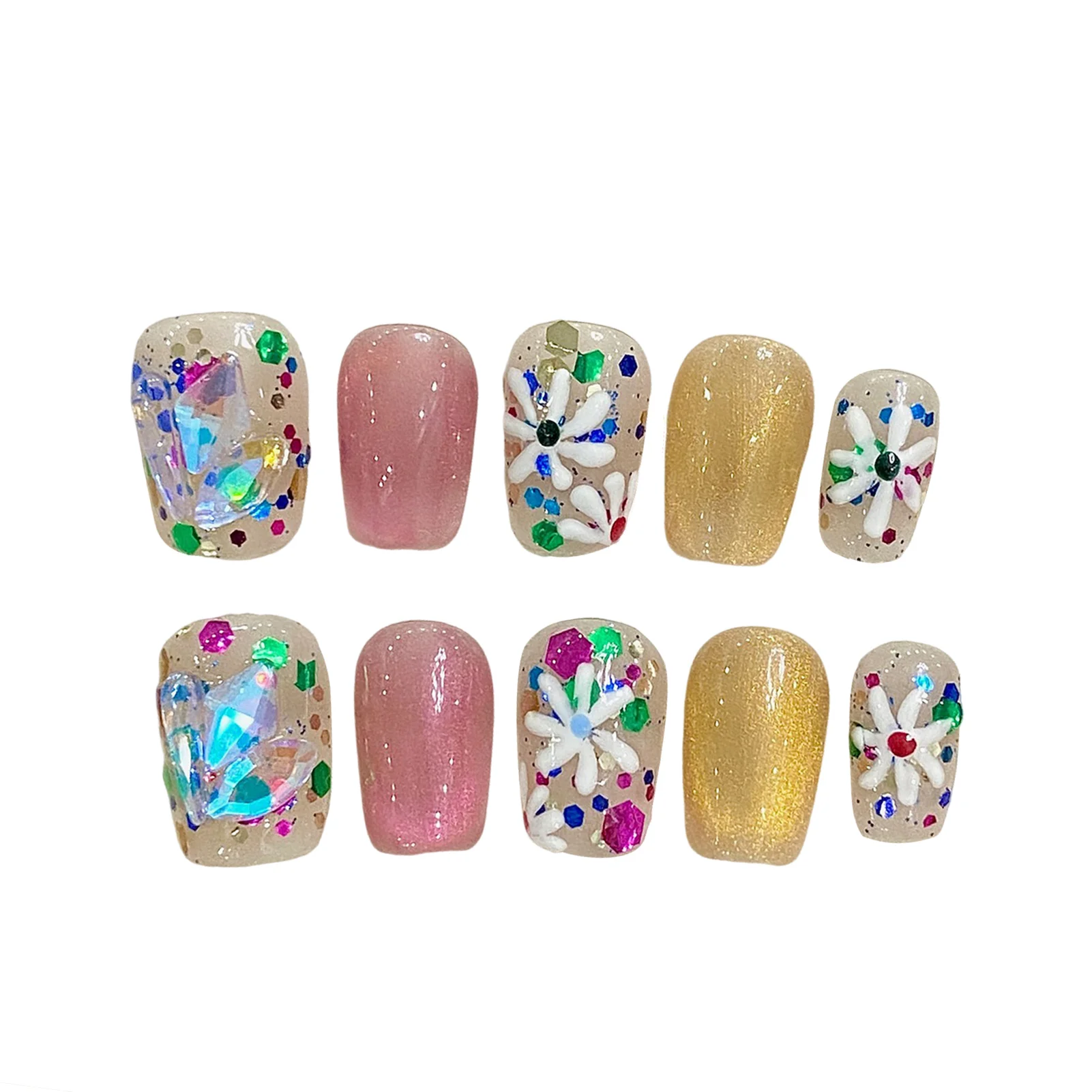 Pink Gold Short Fake Nails with Flower Decor Natural Unbreakable Nail Simple Wear for Stage Performance Wear 
Pink Gold Short Fake Nails with Flower Decor Natural Unbreakable Nail Simple Wear for Stage Performance Wear