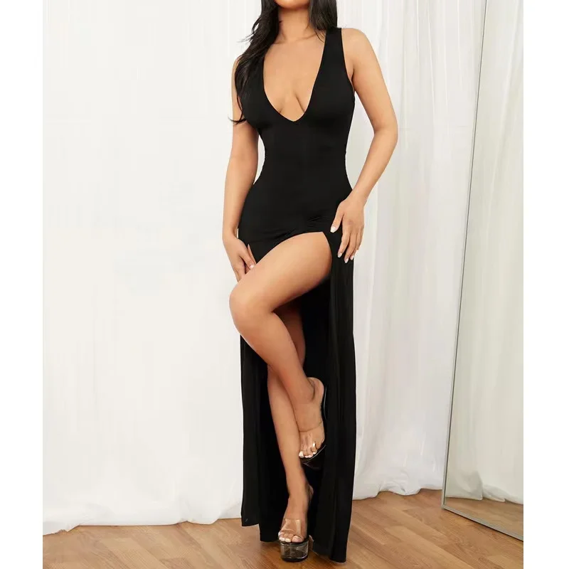 

Foreign trade women's backless deep V-neck suspender with high slit sexy style dress, solid color tight fitting long skirt