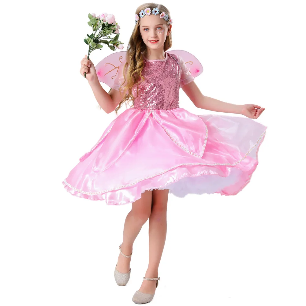 

Summer Forest Fairy Costume Girl Tinker Bell Dress Kids Elf Cosplay Clothes Child Princess Halloween Carnival Role Playing Sets