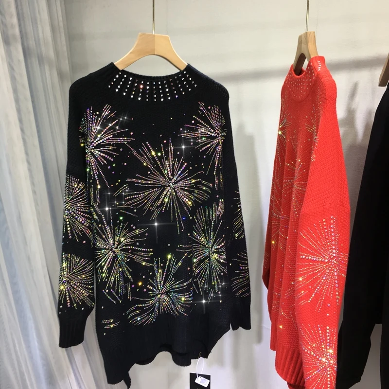 Shiny Fireworks Hot Driling Women Sweaters Mid-long Side Slit O-neck Pullover Top New Autumn Winter Long Sleeve Knitted Sweater
Shiny Fireworks Hot Driling Women Sweaters Mid-long Side Slit O-neck Pullover Top New Autumn Winter Long Sleeve Knitted Sweater