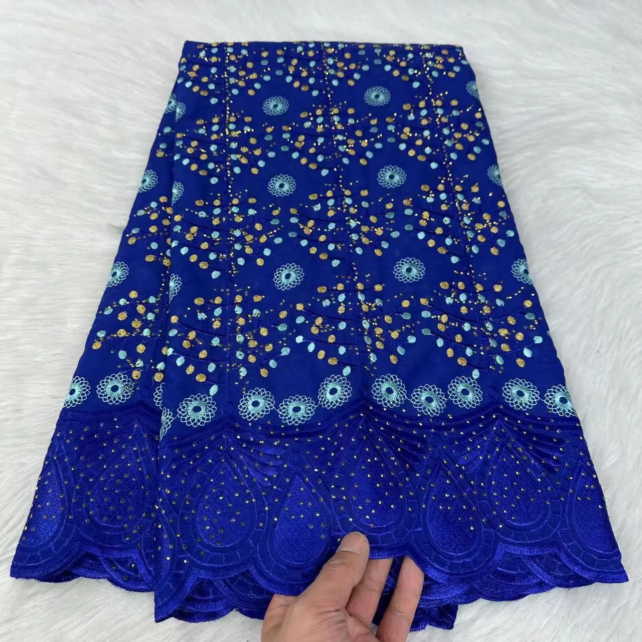 

Royal Blue Latest Swiss Embroidered Lace Fabric with Stones Nigerian 100% Cotton Lace Soft Fabrics 5Yards for Sewing Woman Dress