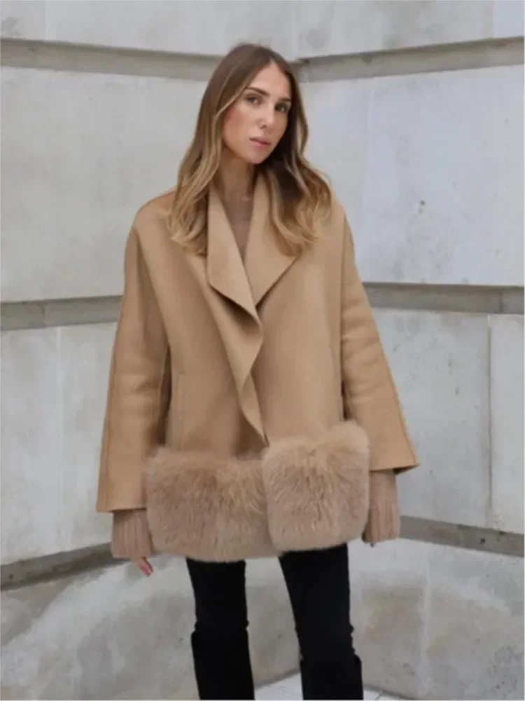 

Khaki Furs Patchwork Overcoat For Women Elegant Turndown Collar Long Sleeve Loose Coats Autumn Winter With Pocket Female Outwear