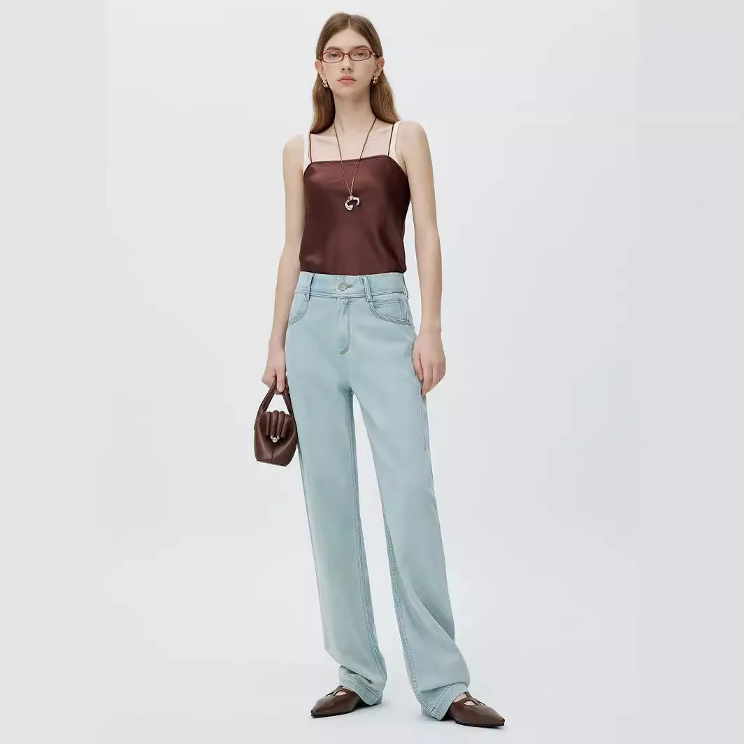 

High-End and Fashionable Minimalist Wide-Leg Jeans 2024 Summer Thin Tencel High-Waist Mopping Pants