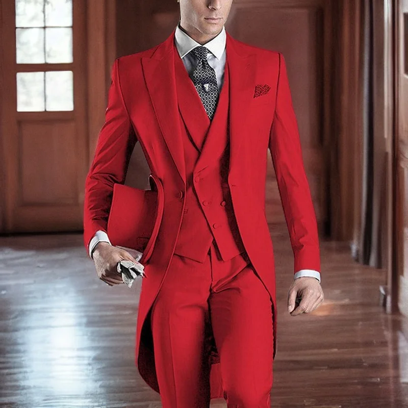 

Slim Fit Red Men's Suit 3-Piece Tailcoat Costume Homme Groom Prom Wedding Terno Peak Lapel Blazer Set (Jacket + Pants + Vest)