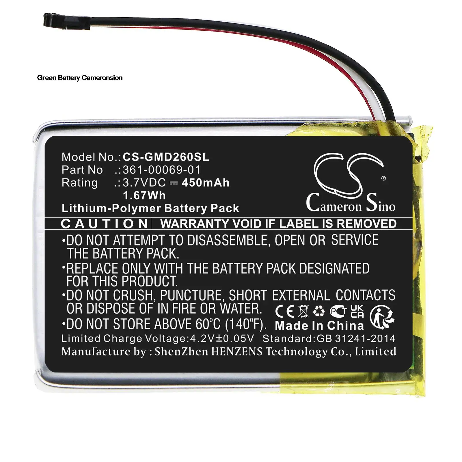 GreenBattery CameronSino 450mAh 1.67Wh 3.7V Dog Collar Li-Polymer Battery for Garmin 010-02608-10,11925-00,O2ADNH02,361-00069-01
GreenBattery CameronSino 450mAh 1.67Wh 3.7V Dog Collar Li-Polymer Battery for Garmin 010-02608-10,11925-00,O2ADNH02,361-00069-01