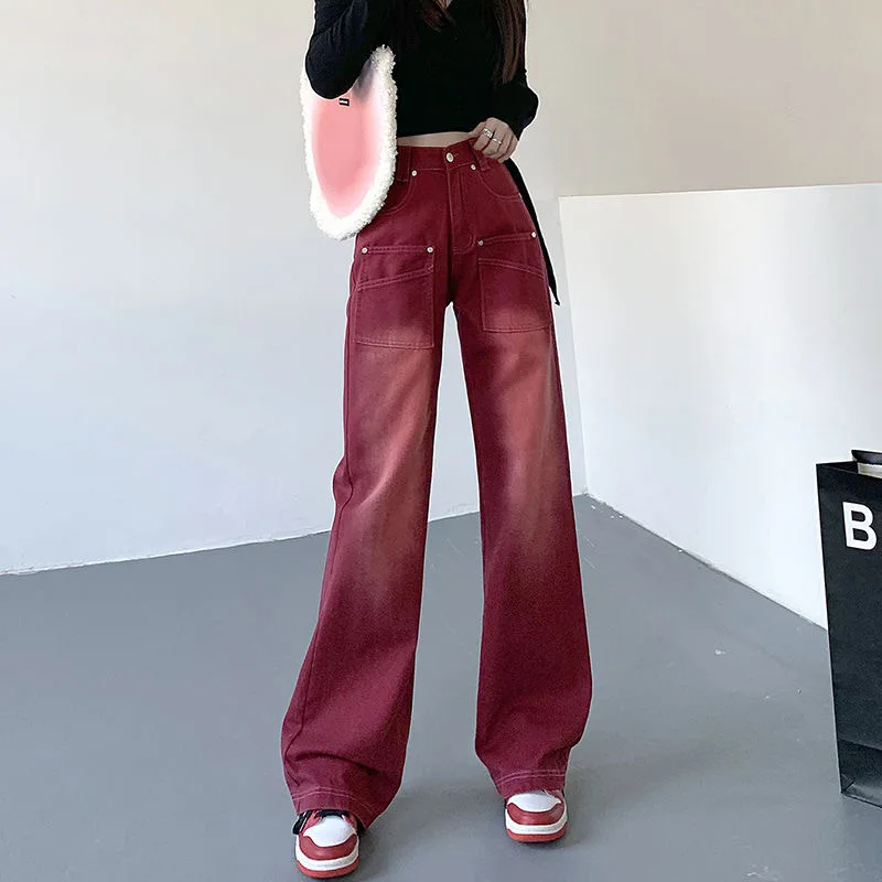 

Boyfriend Style Streetwear Wine Red Jeans Women Denim Trousers High Waist Y2k Vintage Washed Distressed Wide Leg Mopping Pants