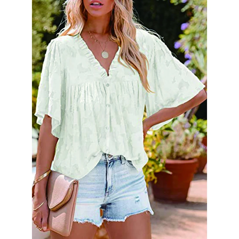 Summer New Women's Clothing Elegant Chiffon Shirts Flared Sleeves Ruffle Neck Lace Hollow Button Tops
Summer New Women's Clothing Elegant Chiffon Shirts Flared Sleeves Ruffle Neck Lace Hollow Button Tops