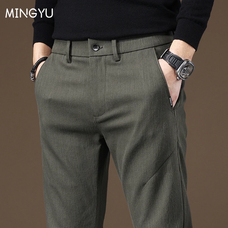 

Брюки-карго мужские стрейчевые, облегающие классические деловые брюки с эластичным поясом, плотные повседневные штаны в Корейском стиле, Зеленые Черные Серые, Осень-зима