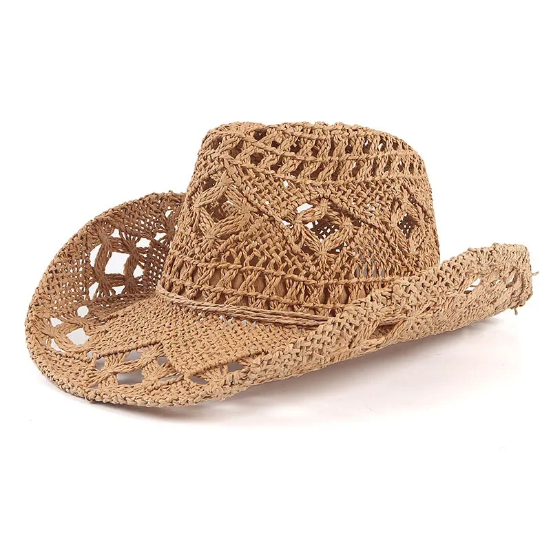 

Summer Outdoor Men Women Hand-woven Western Cowboy Straw Hats Wide Brim Breathable Beach Jazz Cap Sun Protection Hat
