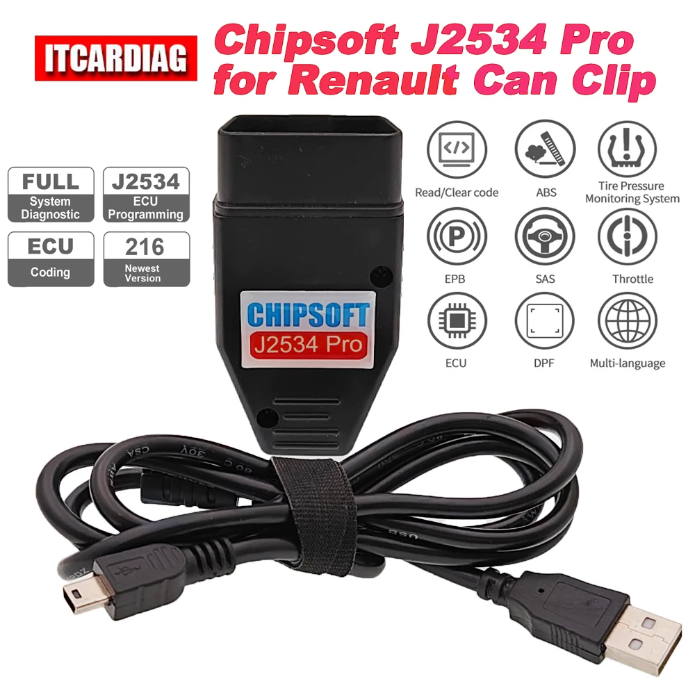 

Chipsoft J2534 Pro for Renault Can Clip V216 VCI Diagnostic Cable J2534 Programming ECU Coding OBD 2 OBD2 Car Diagnostic Tool