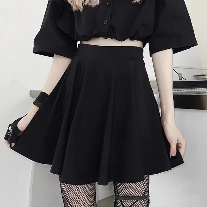 

HOUZHOU Black Skirt Gothic Grunge Women Goth Egirl High Waist A-line Mini Skirt Shorts Dark Academia Summer Harajuku Streetwear