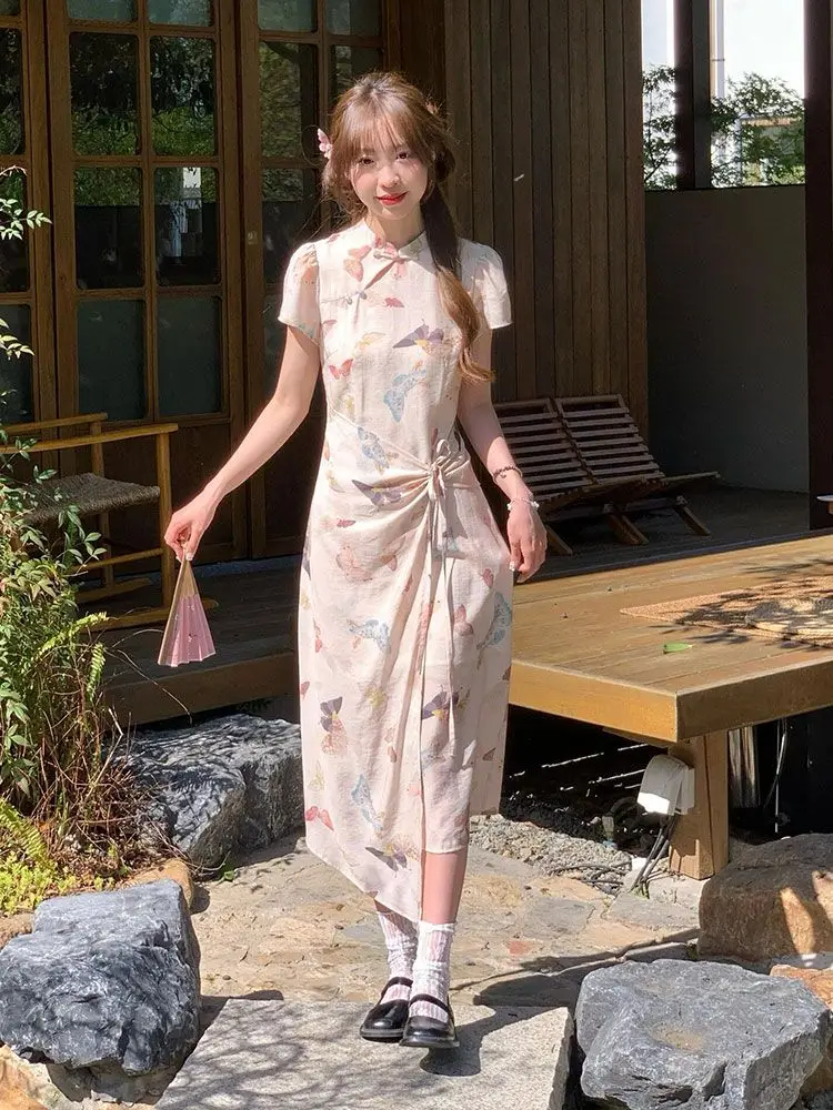 

New Chinese Style Retro Short Sleeve Butterfly Printed Cheongsam Dress Women's Summer New Fashion Slim Long Qipao Dresses