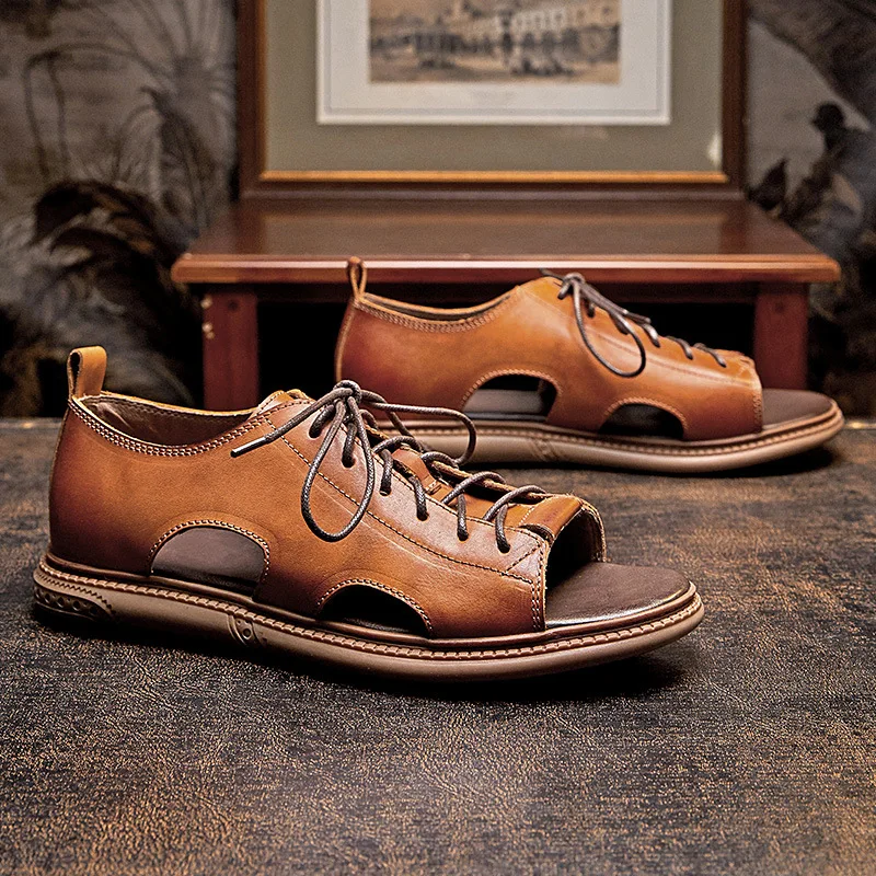 Retro brown cowhide men's sandal flats Real leather summer shoes
Retro brown cowhide men's sandal flats Real leather summer shoes