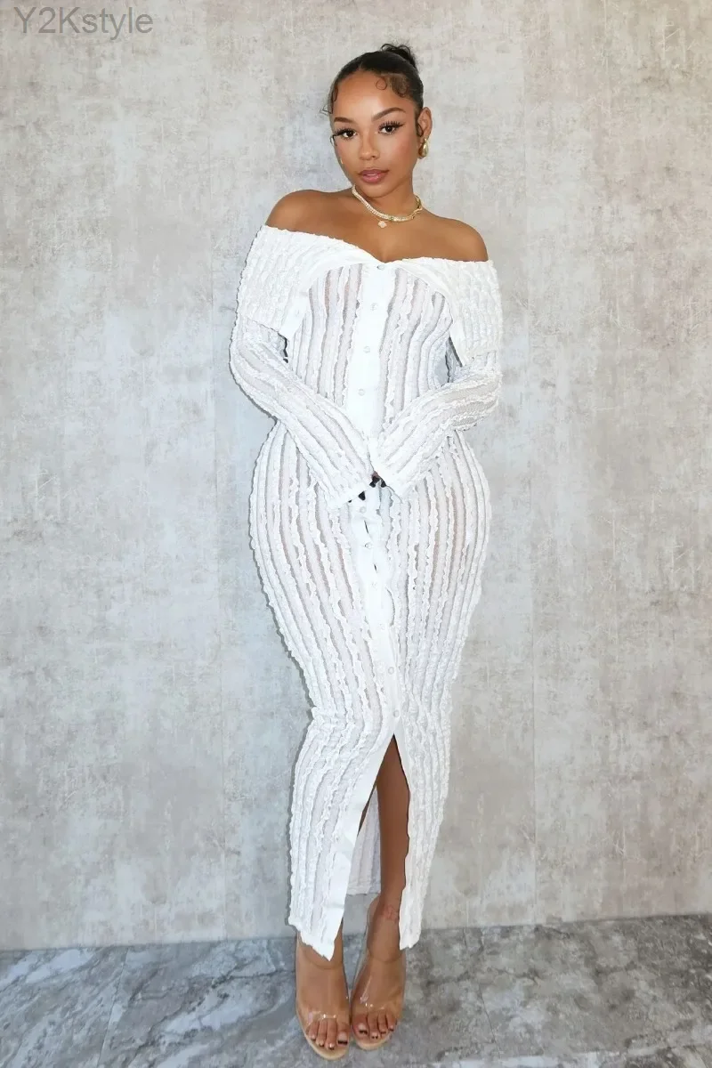 Lace Ruffle Women Sexy Bodycon Maxi Dress Slash Neck Off Shoulder Long Sleeve Single Breasted Slim Club Party Dresses Streetwear
Lace Ruffle Women Sexy Bodycon Maxi Dress Slash Neck Off Shoulder Long Sleeve Single Breasted Slim Club Party Dresses Streetwear