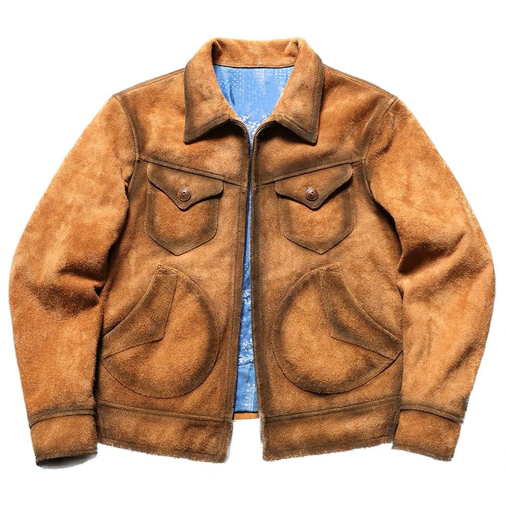 

Mendoza Style Genuine Cow Suede Jacket Coat Man Fashion Distressed Muti Pockets Cowhide Suede Overcoat Dad Clothing US Style