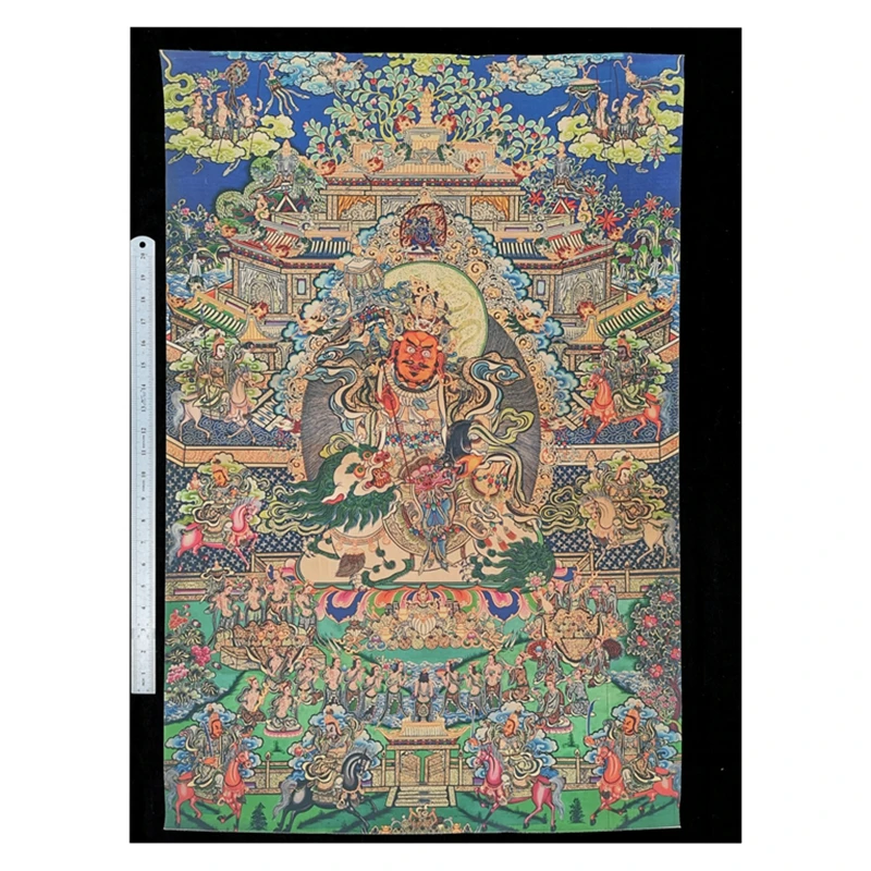 

35" Old Tibet Buddhism Silk paper sit lion Treasure star god of wealth Thangka painting Mural collection