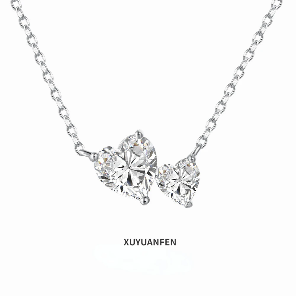 

XUYUANFEN Korean Edition New S925 Sterling Silver Necklace Women's Double Love Zircon Inlaid Exquisite Personalized Design