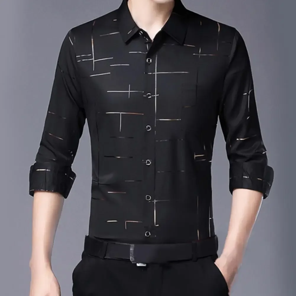 

Men Shirt Irregular Stripes Satin Surface Shirt Single-breasted Turndown Collar Formal Shirt Casual Long Sleeve Business Shirt