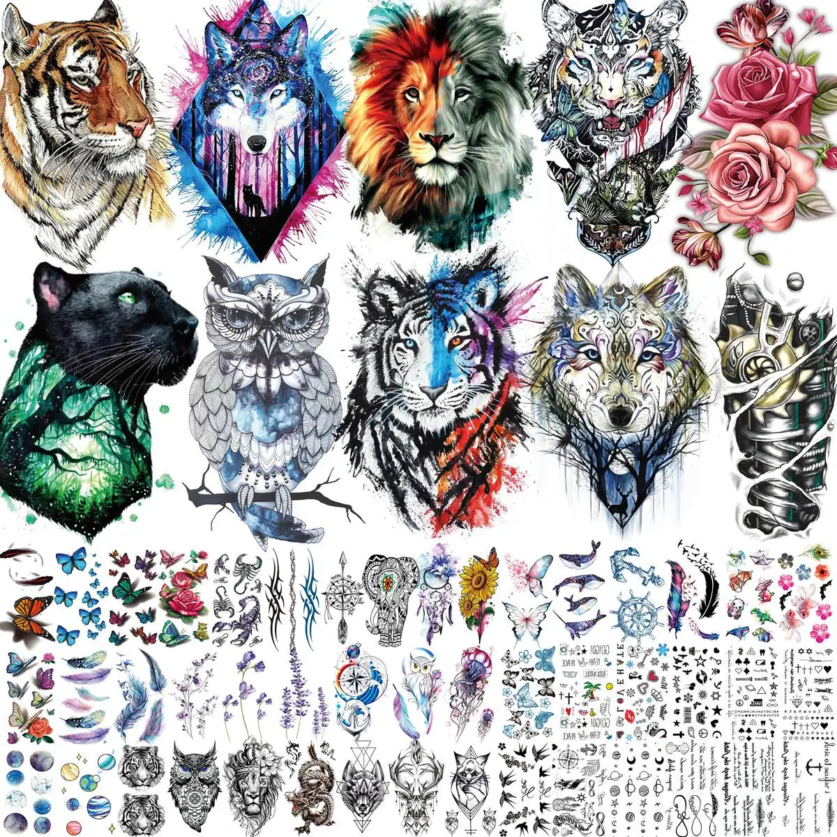 

56 Sheets Watercolor Owl Tiger Lion Temporary Tattoos For Women Men Body Art Arm Tattoo Paste Realistic Fake Flower Tatoos Decal