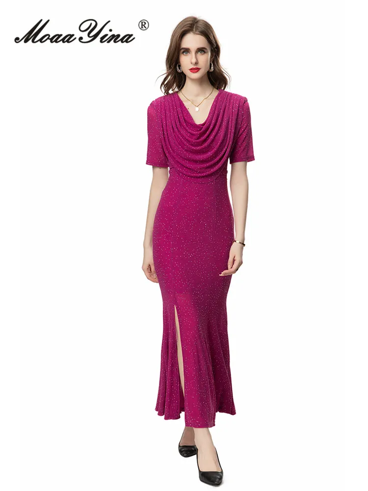 

MoaaYina Summer High Quality New Arrivals Women Dress Elegant Sexy Solid Sequins Hollow Out Sashes Trumpet Ankle-Length Dresses